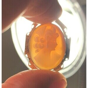 Vintage Amco Cameo Brooch Carved Shell 12K Gold Filled Filigree Pin